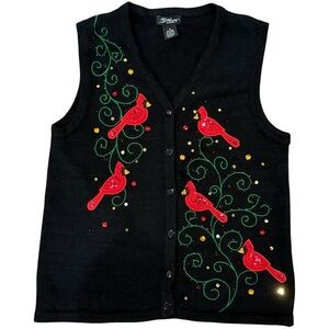 VTG SML Design Cardinal Bird Sweater Vest Sequin Embellished M Blk Cotton Ramie